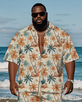 Men's Plus Size Hawaiian Hand Painted Orange Coconut Tree Coconut Print Shirt Shorts Suit